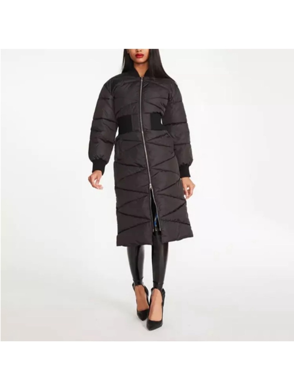 Steve Madden Black Long Quilted Puffer Coat with Waist Panel